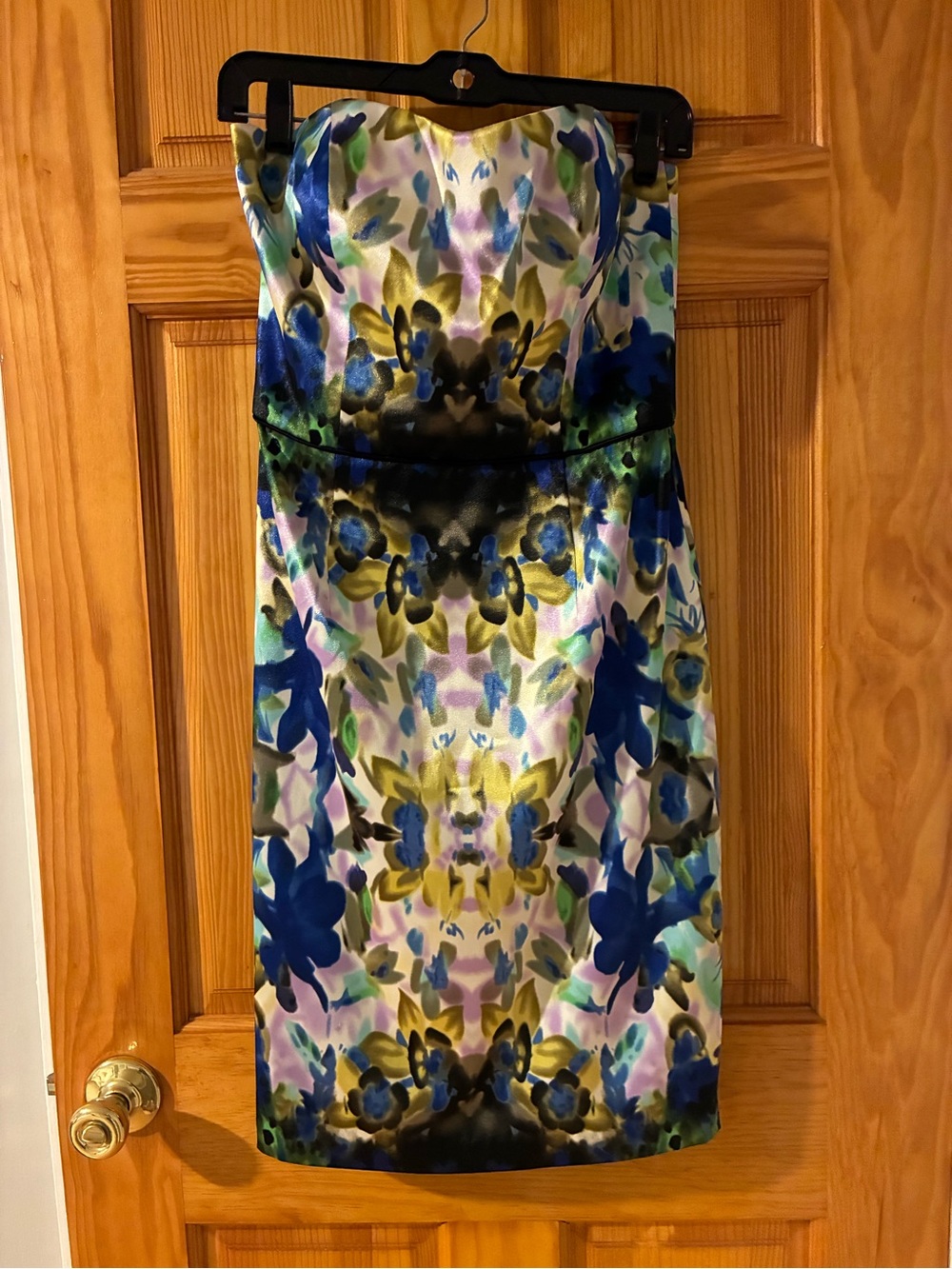 Maggy London Strapless Floral Sheath Dress in Blue, Green and Purple